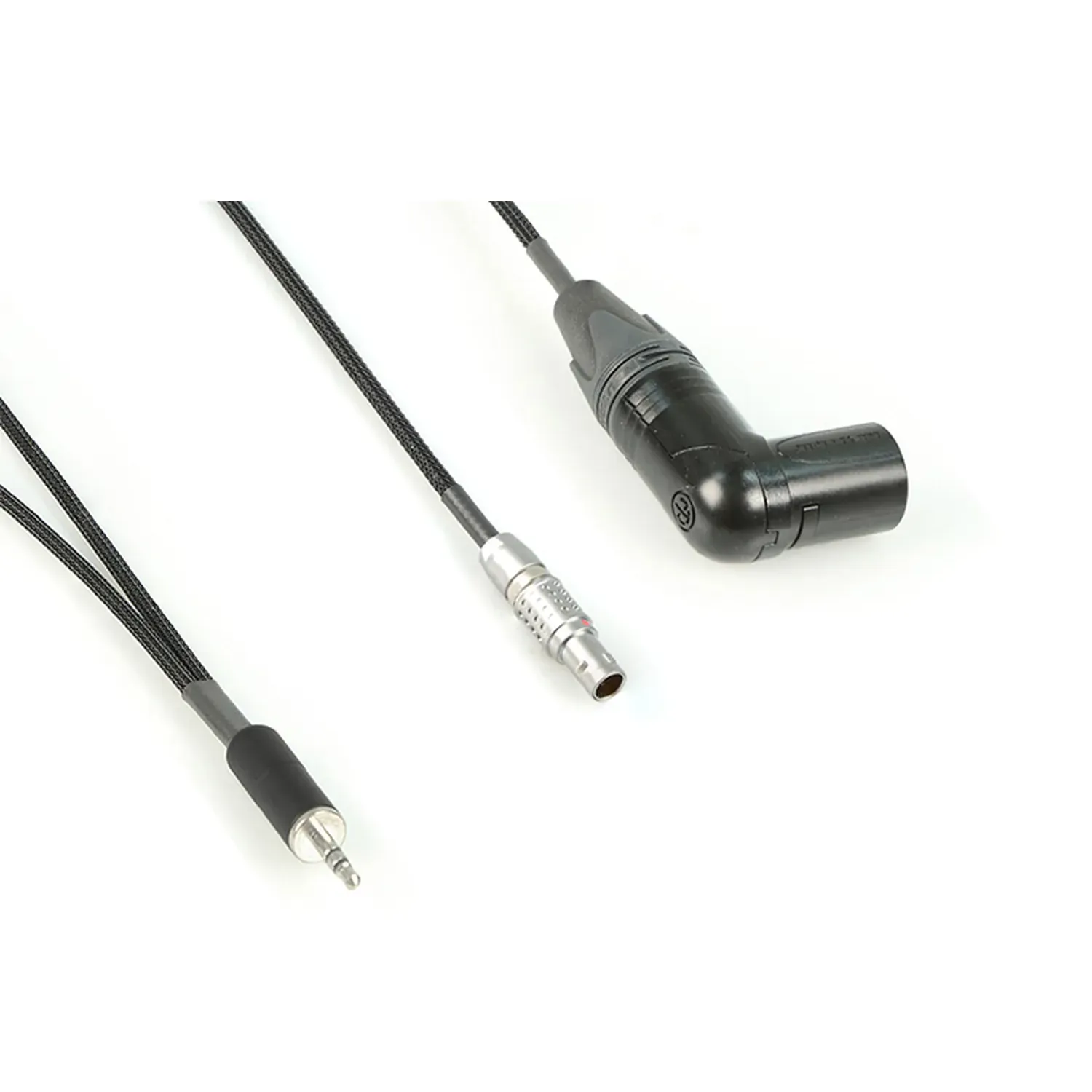 Remote Audio CAZERXALEXA Breakout Cable Zaxcom ERX to ARRI Alexa: The 3.5 mm plug, 5-pin Lemo plug, and right-angle XLR5M up close.