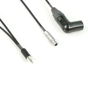 Remote Audio CAZERXALEXA Breakout Cable Zaxcom ERX to ARRI Alexa: The 3.5 mm plug, 5-pin Lemo plug, and right-angle XLR5M up close.
