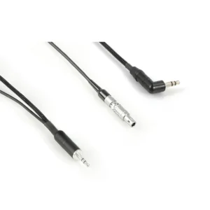 Remote Audio CAZERXEPIC ERX Breakout Cable for RED Epic and Scarlet: The 3.5 mm TRS plug, 4-pin Lemo plug, and right-angle 3.5 mm plug.