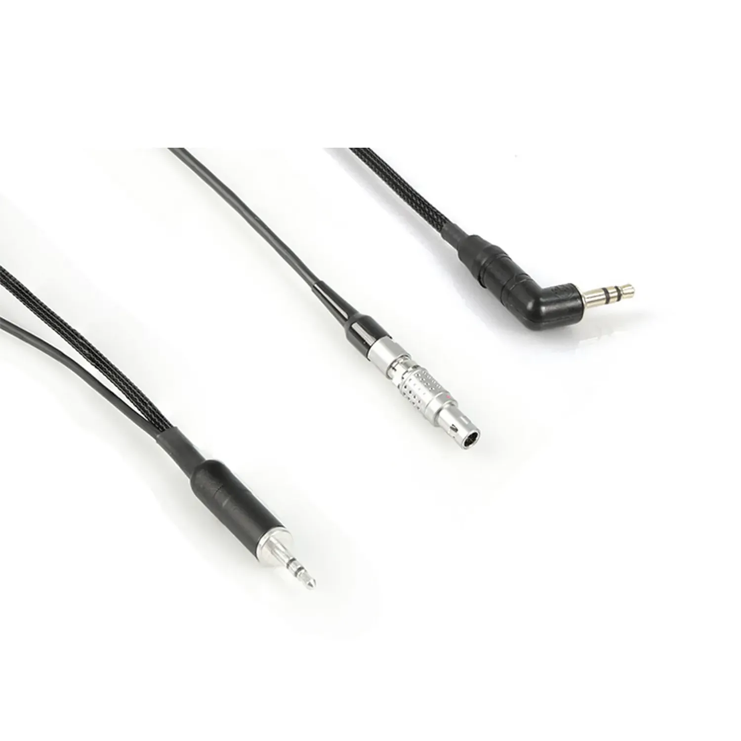 Remote Audio CAZERXEPIC ERX Breakout Cable for RED Epic and Scarlet: The 3.5 mm TRS plug, 4-pin Lemo plug, and right-angle 3.5 mm plug.
