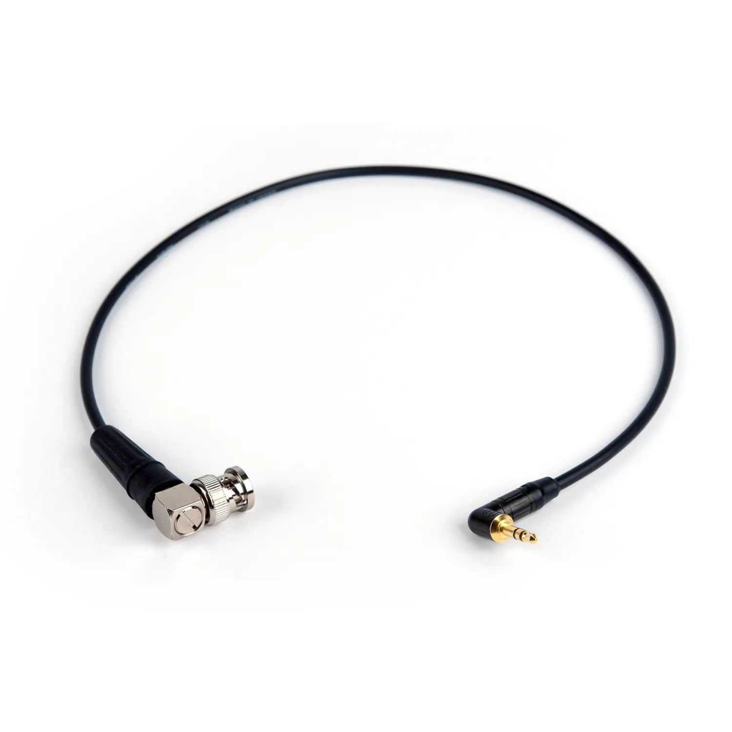 Remote Audio CAZTCINBNC Timecode Adapter for Zaxcom QRX100: The cable with its right-angle BNC and right-angle 3.5 mm plug.