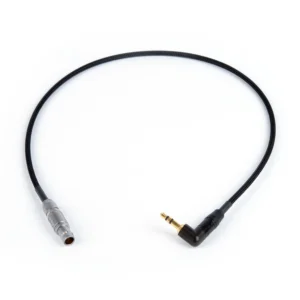 Remote Audio CAZTCIOLEMO Timecode In/Out for Zaxcom QRX100: The cable with its 5-pin Lemo plug and right-angle 3.5 mm plug.