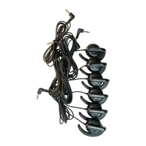 Remote Audio Ear Bud Earphone with Swivel Hook (6 ft Cable, 6-Pack): Six ear buds with swivel hooks and right-angle plugs.