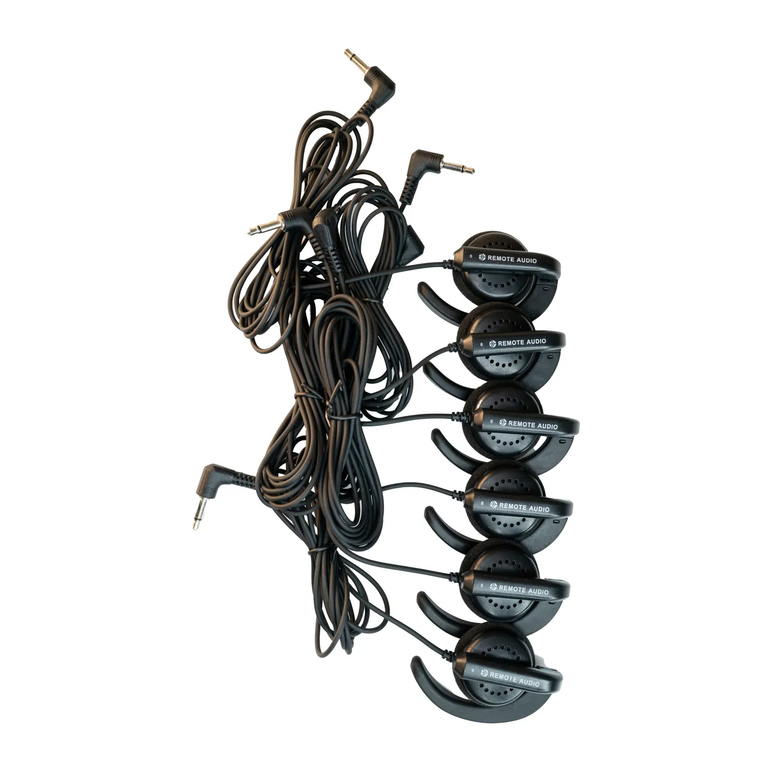 Remote Audio Ear Bud Earphone with Swivel Hook (6 ft Cable, 6-Pack): Six ear buds with swivel hooks and right-angle plugs.
