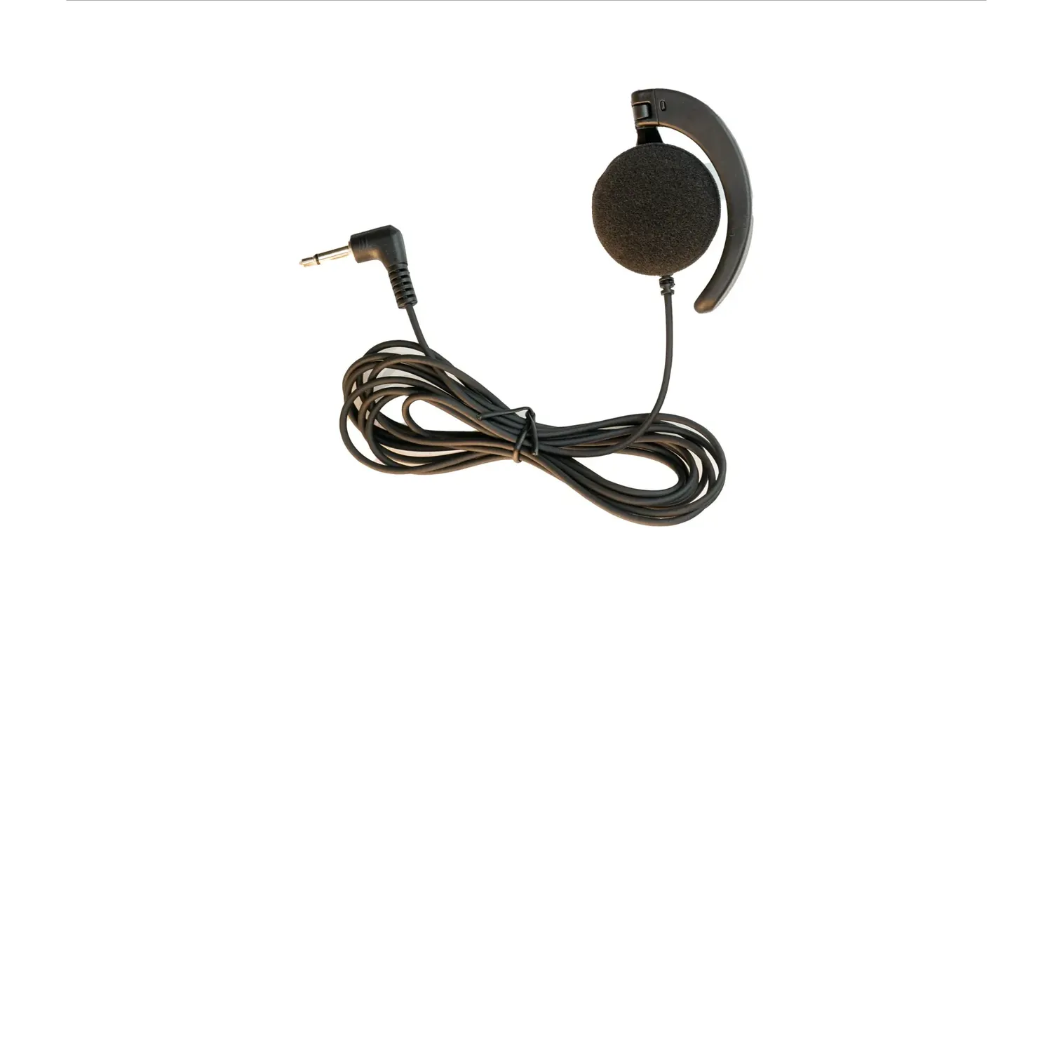 Remote Audio Ear Bud Earphone with Swivel Hook (6 ft Cable): The ear bud with its swivel ear hook, cable, and right-angle 3.5 mm plug.