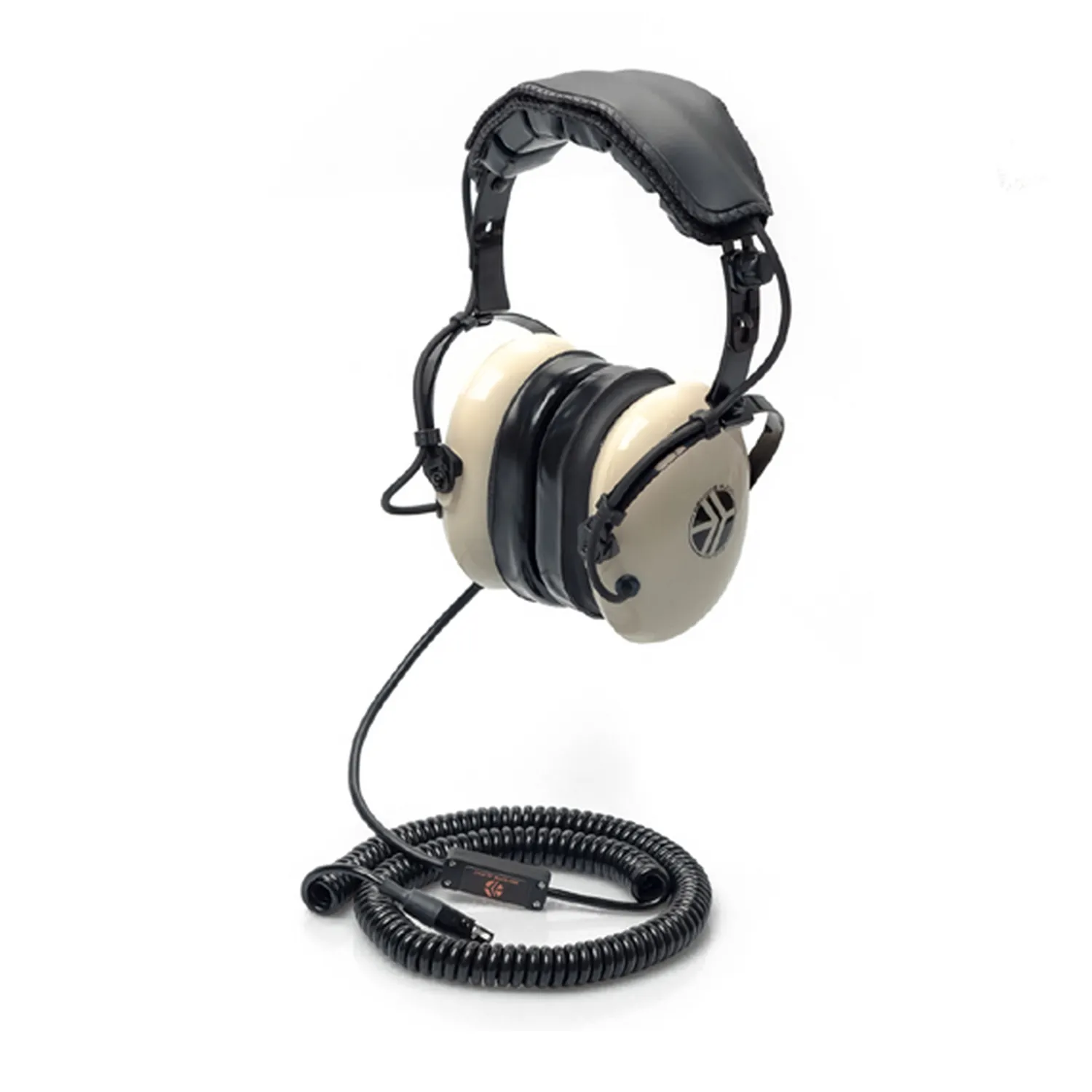Remote Audio Universal Headsets: the tan HN7506 high-noise version with its mic housing on the coiled cable, shown from the side.