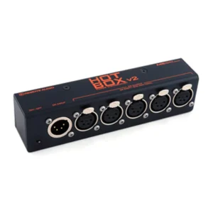 Remote Audio Hot Box v2 DC Power Distribution Box: Hot Box v2 with its five 4-pin XLR outputs.