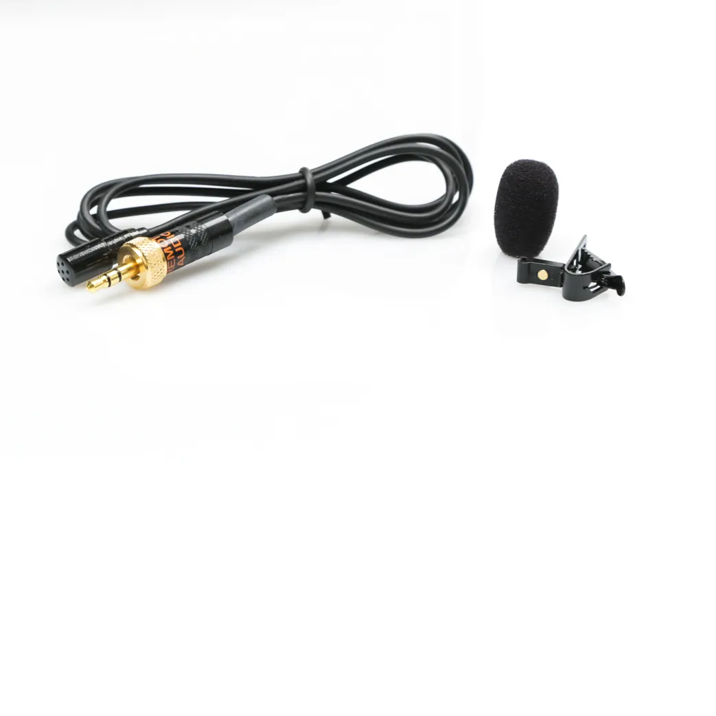 Remote Audio LAVG2EV Lavalier Microphone for Sennheiser Evolution: The lavalier with its tie bar clip, foam windscreen, and locking plug.