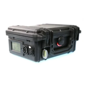 Remote Audio LiFe Box Battery System - LiFe Box 30: The LiFe Box 30 from the side with its meter, SpeakON, and 4-pin XLR outlets.