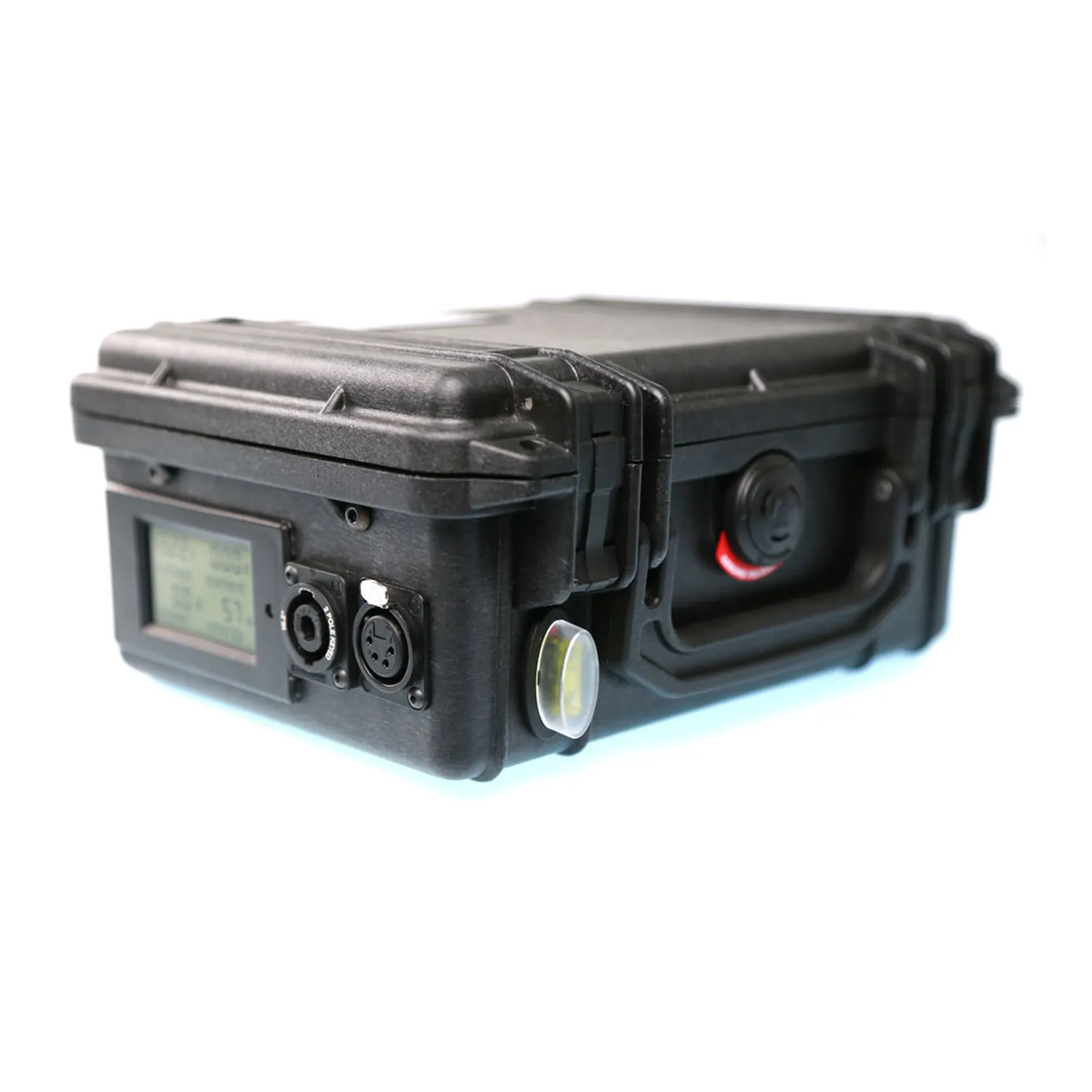 Remote Audio LiFe Box Battery System - LiFe Box 30: The LiFe Box 30 from the side with its meter, SpeakON, and 4-pin XLR outlets.
