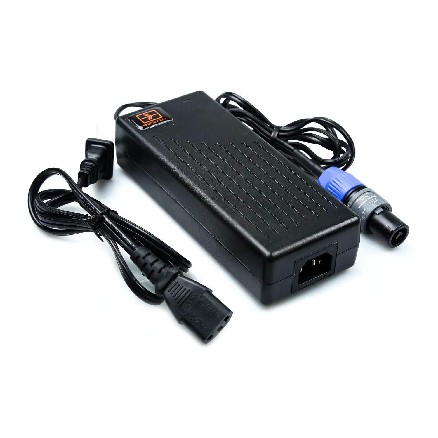 Remote Audio LIFEBOXCH4 LiFe Box Charger with Speakon: The charger with its Speakon lead and AC power cord.