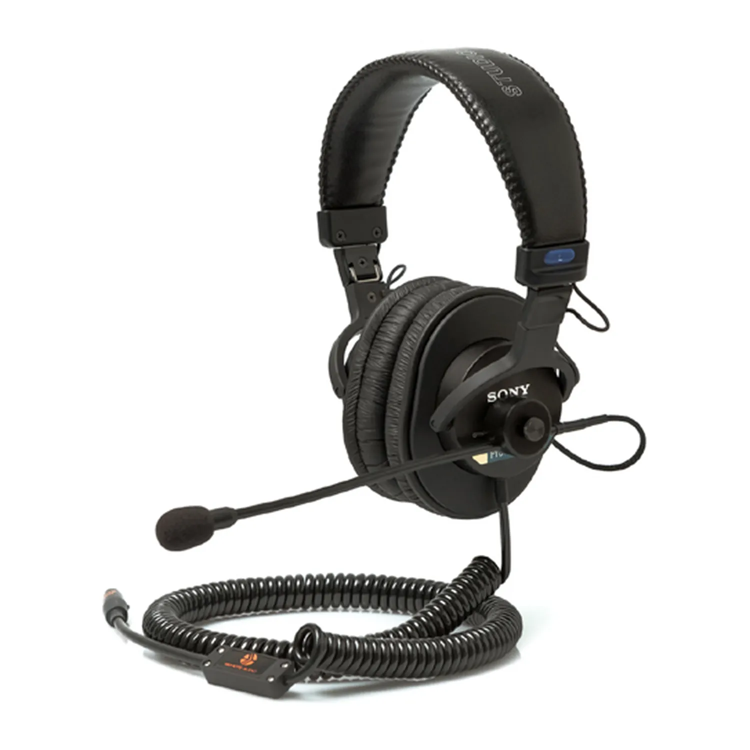 Remote Audio Universal Headsets: the Sony MDR-7506 version with its gooseneck boom mic and coiled TA5F cable, seen from the front.