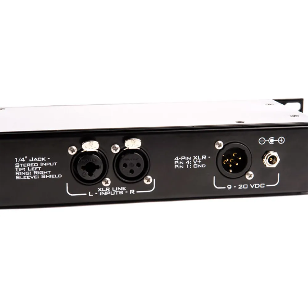 Remote Audio SpeakEasy R1 Rack-Mount Stereo Speaker System: Rear panel XLR and 1/4-inch inputs and DC inputs.