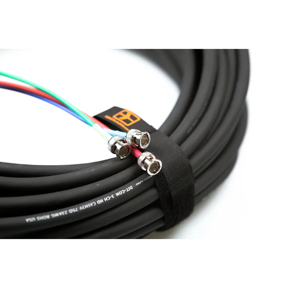 Remote Audio DIT-CON V3 Three-Channel HD-SDI Video Snake: The coiled snake with its color-coded BNC ends and strap.