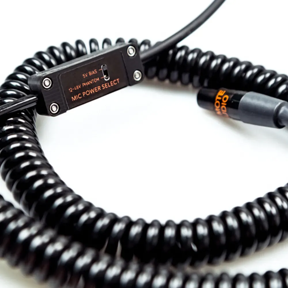 Remote Audio Universal Headsets: a close look at the in-cable mic housing, marked with its 5 V bias and 12 to 48 V phantom power switch.
