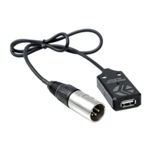 Remote Audio USB Power Converter Cables: The XLR4M version, with its XLR4M plug and the USB outlet housing.