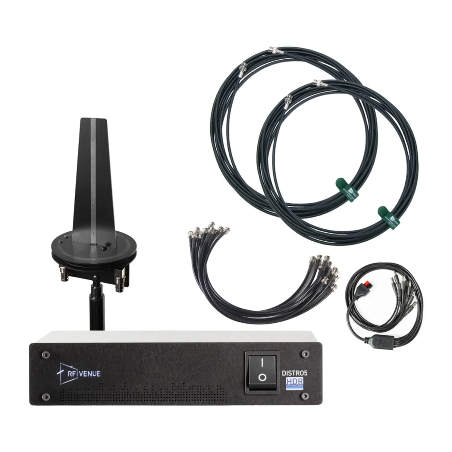 RF Venue Diversity Omni 5-Channel Wireless Mic Pack, pack contents: the Diversity Omni antenna, DISTRO5 HDR, antenna cables, BNC interconnects, and DC Octopus cable.