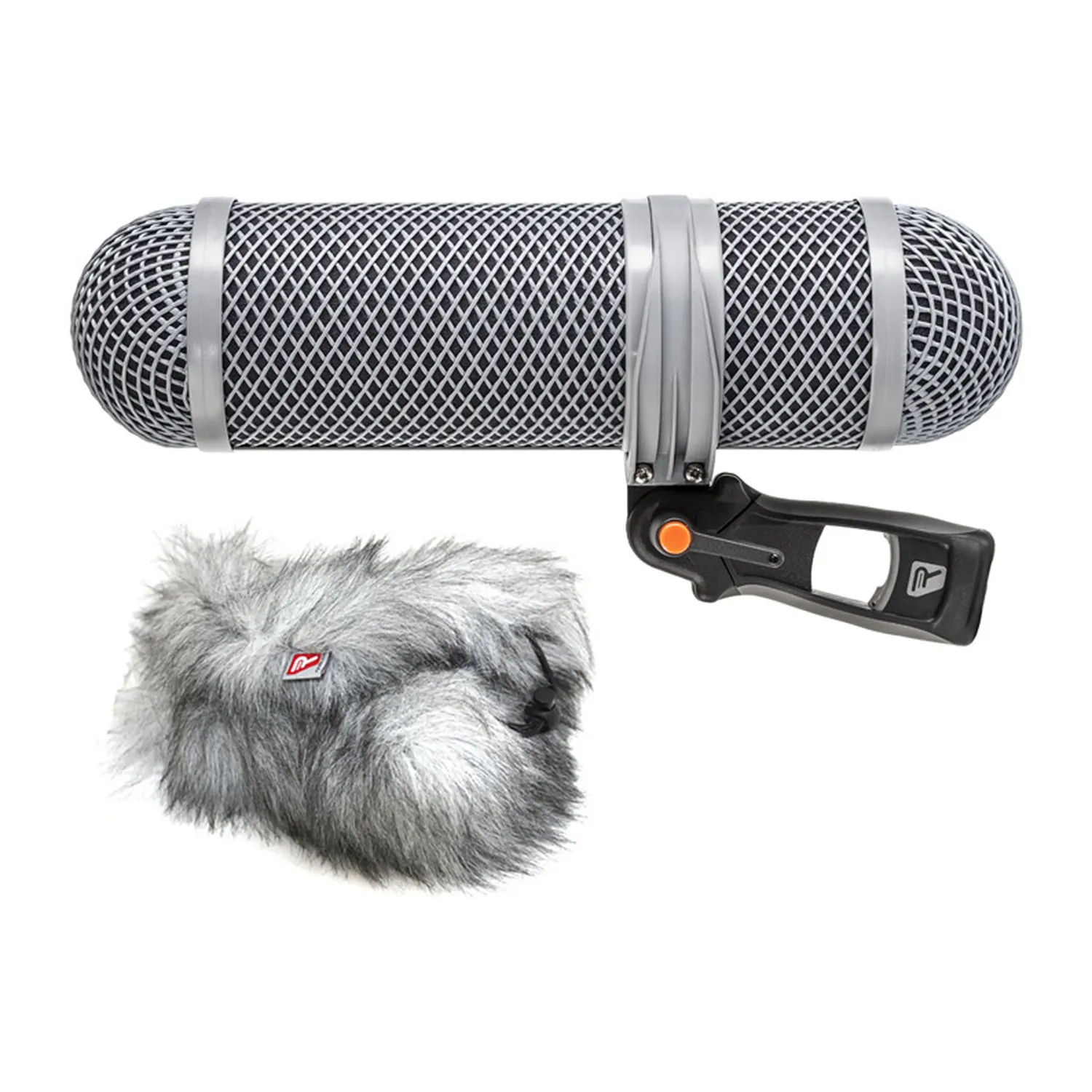 Rycote Super-Shield Windshield Kit - Small: Small kit: windshield pods on the pistol grip with the Windjammer beside it.