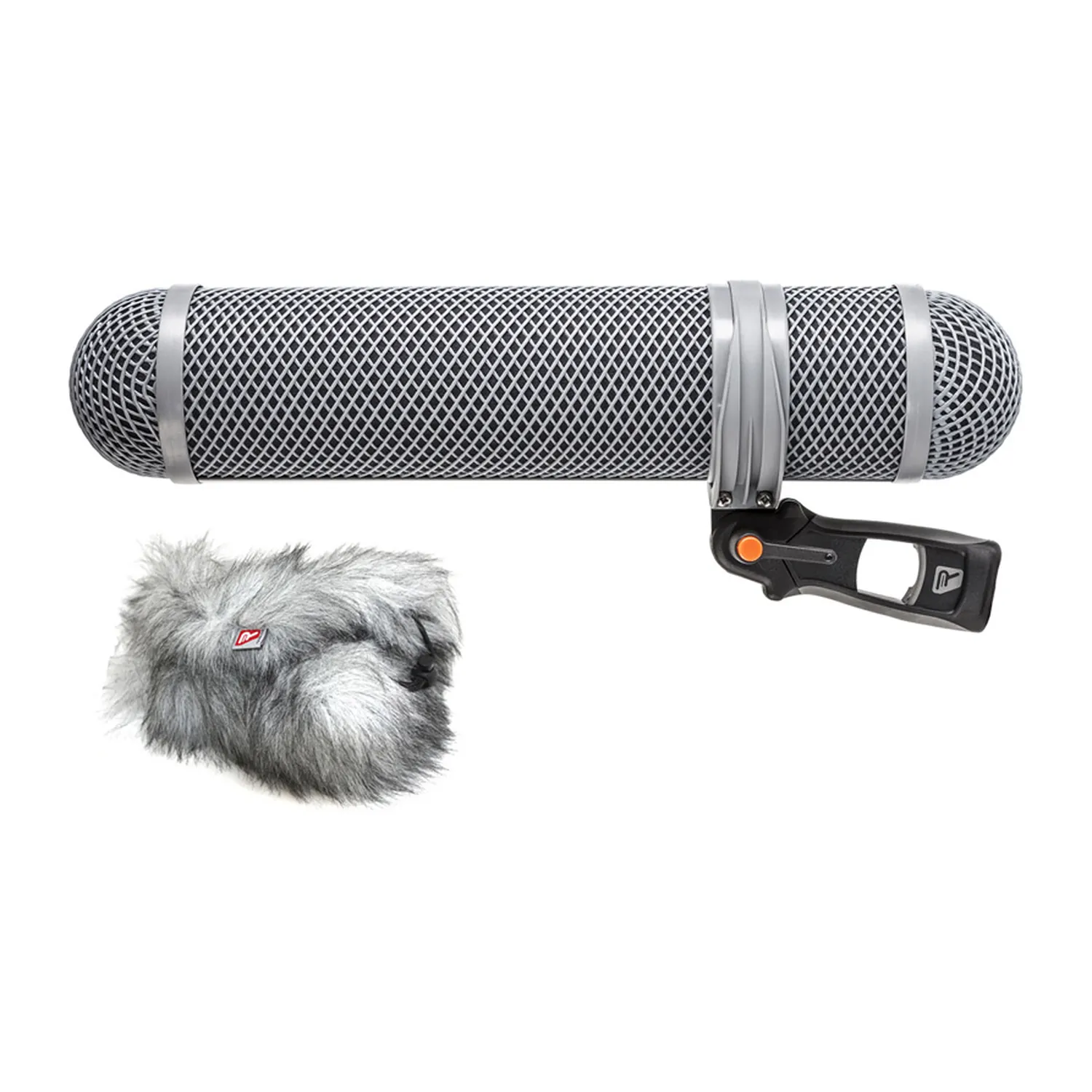 Rycote Super-Shield Windshield Kit - Large: Large kit: windshield pods on the pistol grip with the Windjammer beside it.