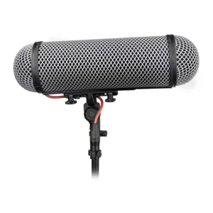 Rycote Windshield Kit 416 for Sennheiser MKH 416: Basket windshield on a boom pole with its red-cabled Lyre suspension.