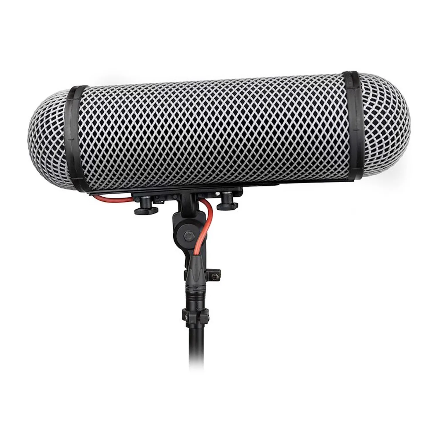 Rycote Windshield Kit 416 for Sennheiser MKH 416: Basket windshield on a boom pole with its red-cabled Lyre suspension.