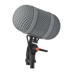Rycote Mono Extended Ball Gag Windshield, a gray windshield on its mount and stand adapter.