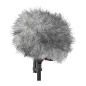 Rycote Mono Extended Ball Gag Windjammer, a gray long-fur cover fitted over the windshield on its handle.