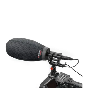 Rycote Super-Softie Kit 416 Windshield and Shock Mount: The Super-Softie Kit with a shotgun mic in its mount, cabled to a camera.