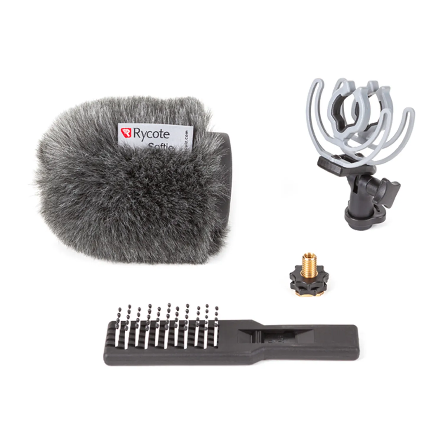 Rycote Softie Kit for Sanken CS-M1: Softie windshield, InVision shock mount, brass hot shoe adapter, and brush laid out.