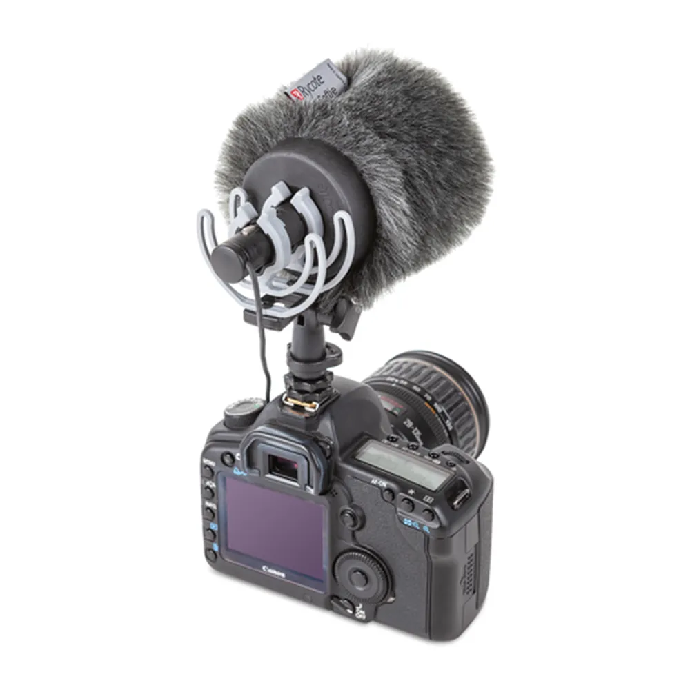 Rycote Softie Kit for Sanken CS-M1: The kit on a camera hot shoe with the Softie fitted.