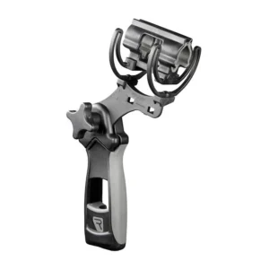 Rycote InVision Softie Duo-Lyre Shock Mount with Pistol Grip seen from the front three-quarter angle, with the two Lyre suspension arms holding the clip above the handle.