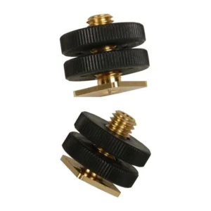 Rycote Hotshoe Mount 3/8" Thread Adapter shown twice, a brass shoe adapter with a threaded stud and two black knurled locking wheels.