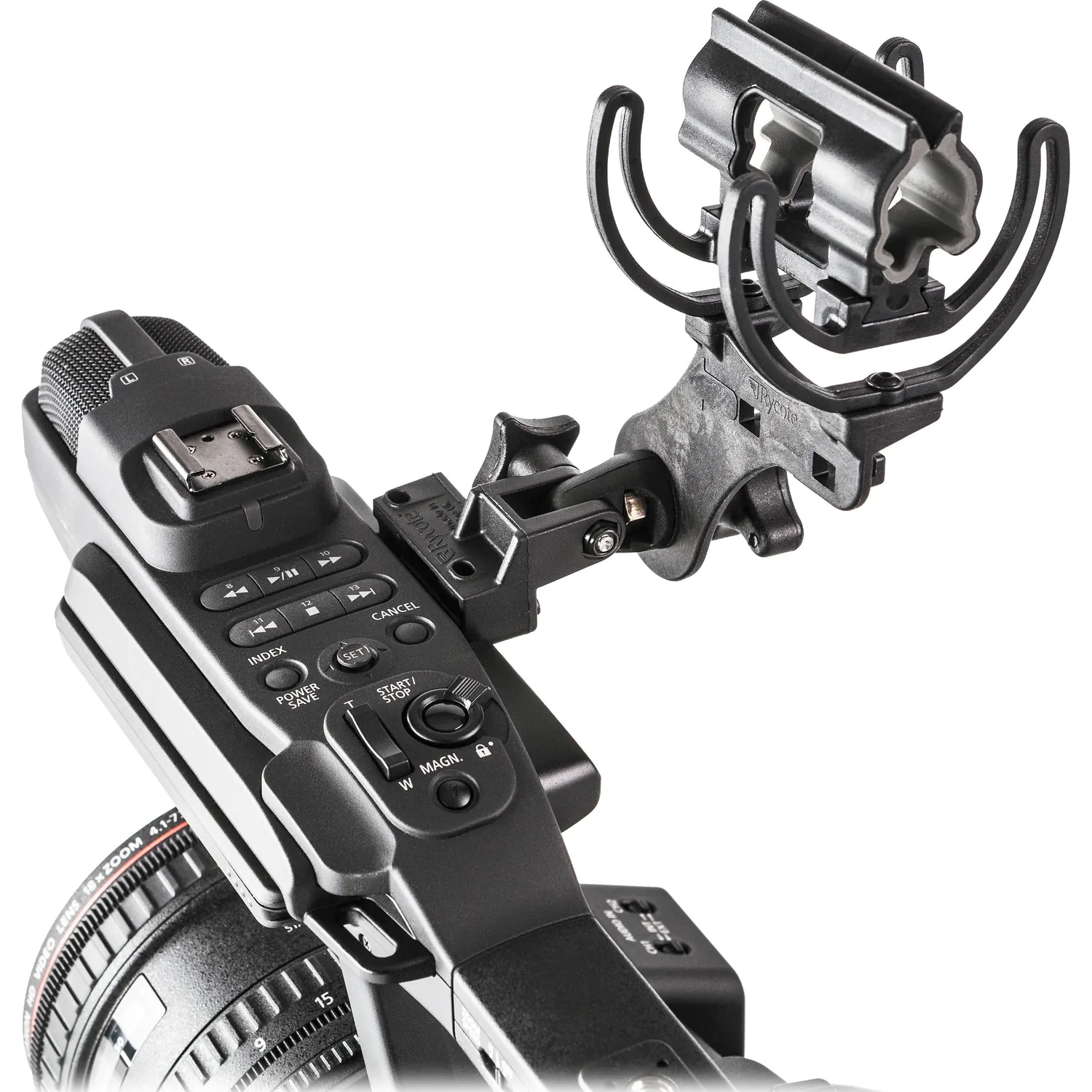 Rycote Softie Lyre Mount (with MHR), the Lyre mount clamped to a camcorder's top handle.