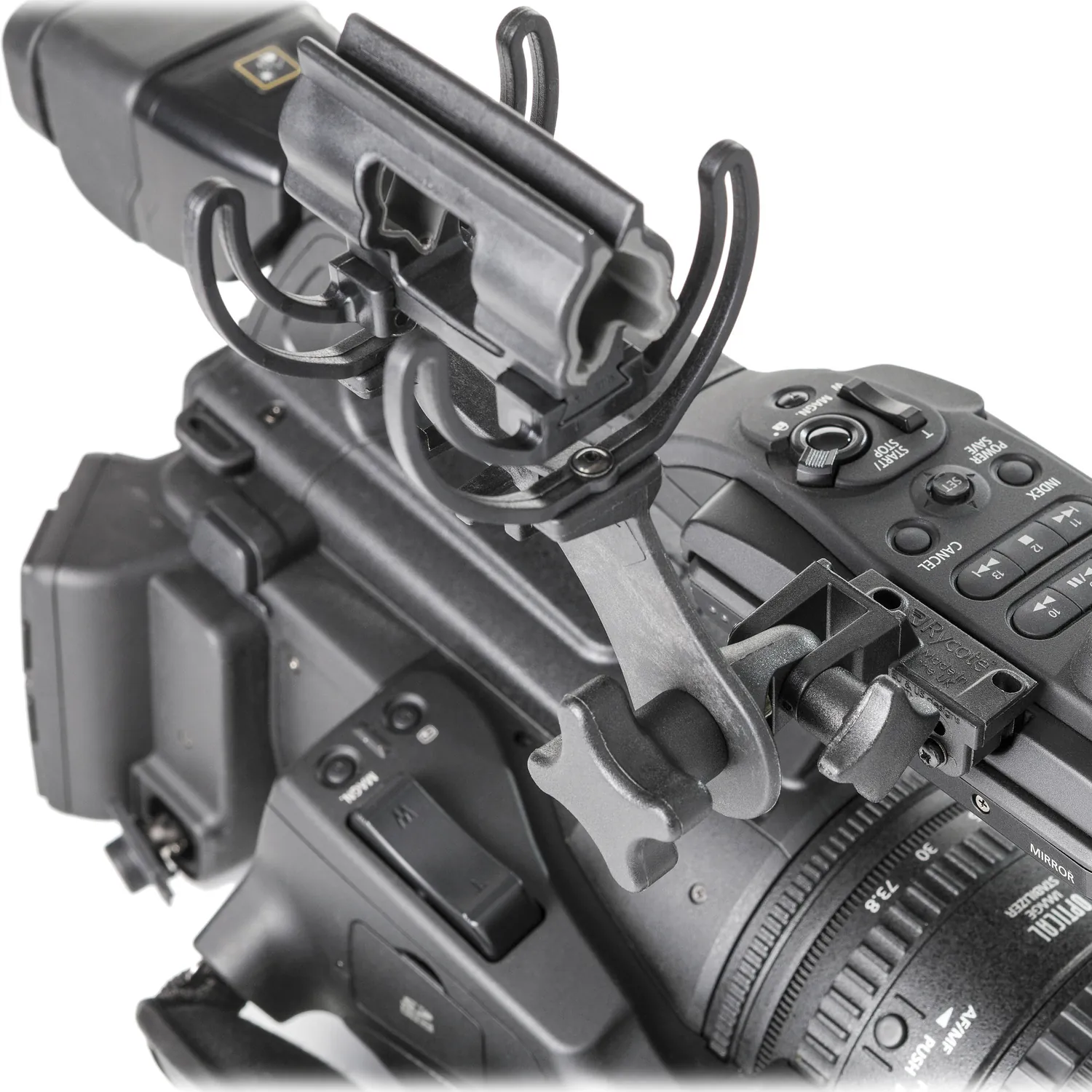 Rycote Softie Lyre Mount (with MHR), the mount on a camera's top handle, seen from the rear.