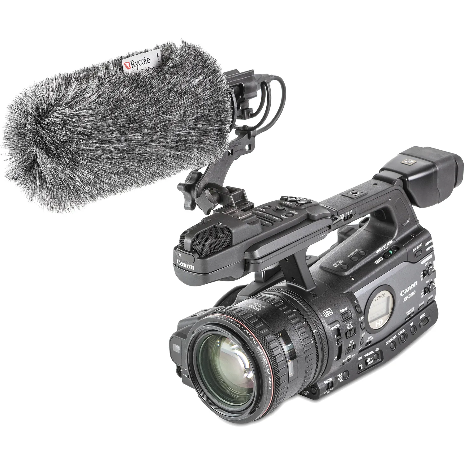 Rycote Softie Lyre Mount (with MHR), a camcorder with a Softie windshield on the mount.