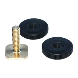 Rycote Hot Shoe to 1/4"-20 Adapter, a brass shoe foot with its threaded stud beside two black knurled locking thumbwheels.