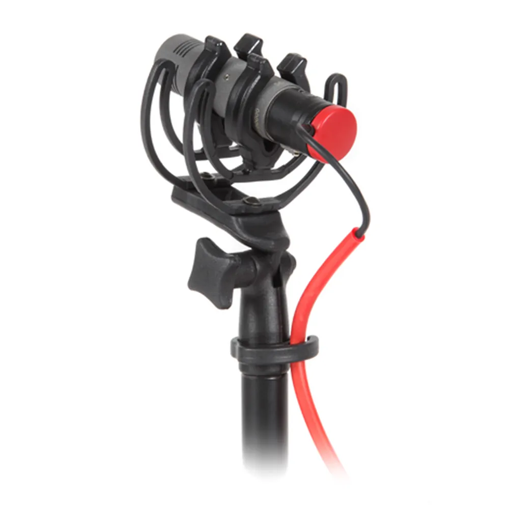 Rycote InVision INV-6 Soft Shock Mount: The mount holding a mic with its cable.