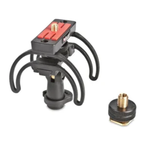 Rycote Portable Recorder Suspension: The suspension with its red mounting plate and Lyres, beside the swivel adapter.