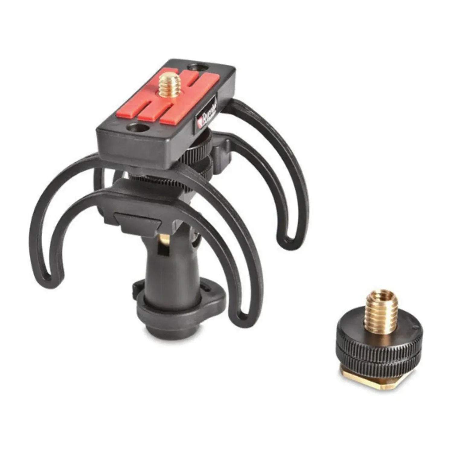 Rycote Portable Recorder Suspension: The suspension with its red mounting plate and Lyres, beside the swivel adapter.