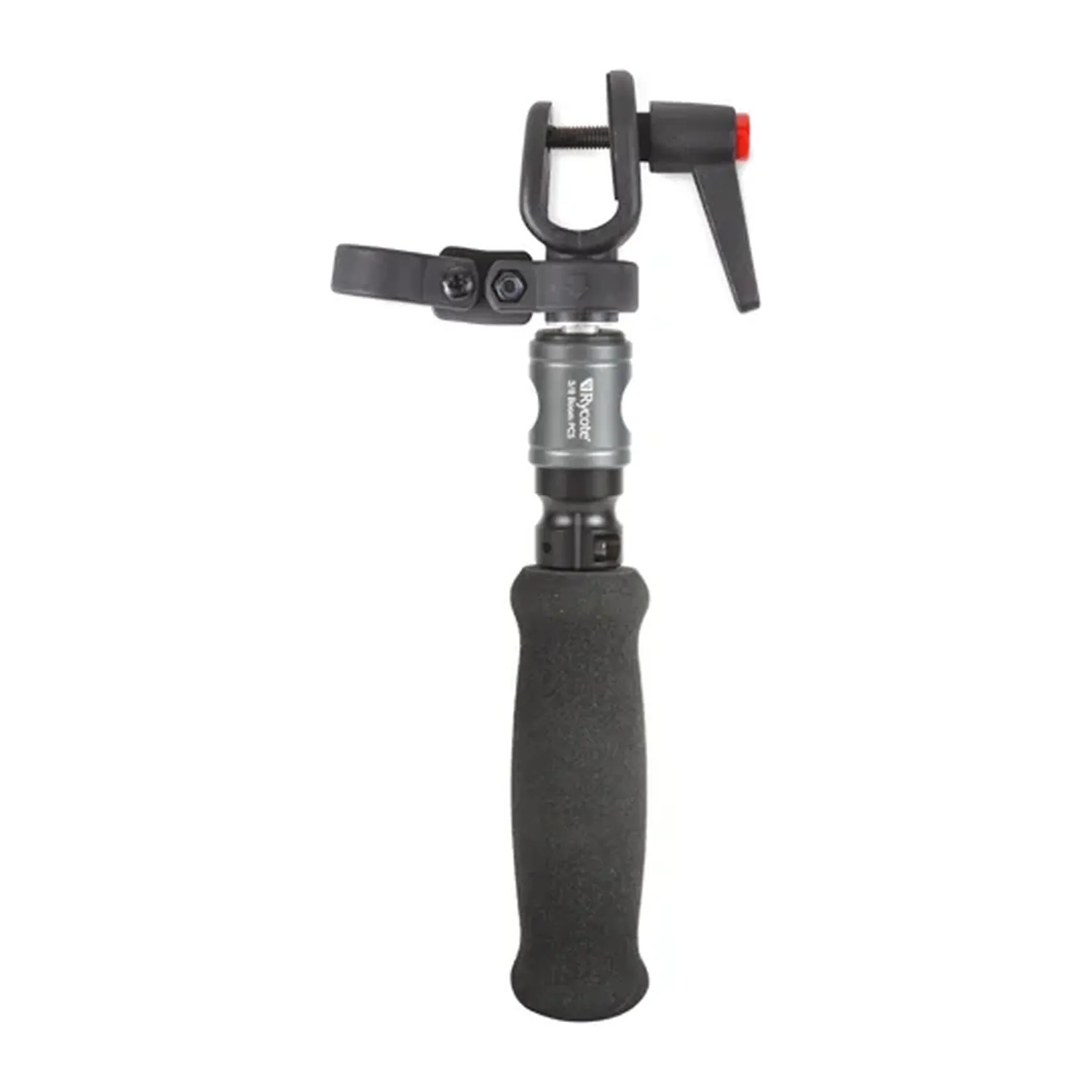 Rycote Cyclone Handle PCS, the Cyclone Handle PCS with its foam grip, PCS socket, and Cyclone adapter.