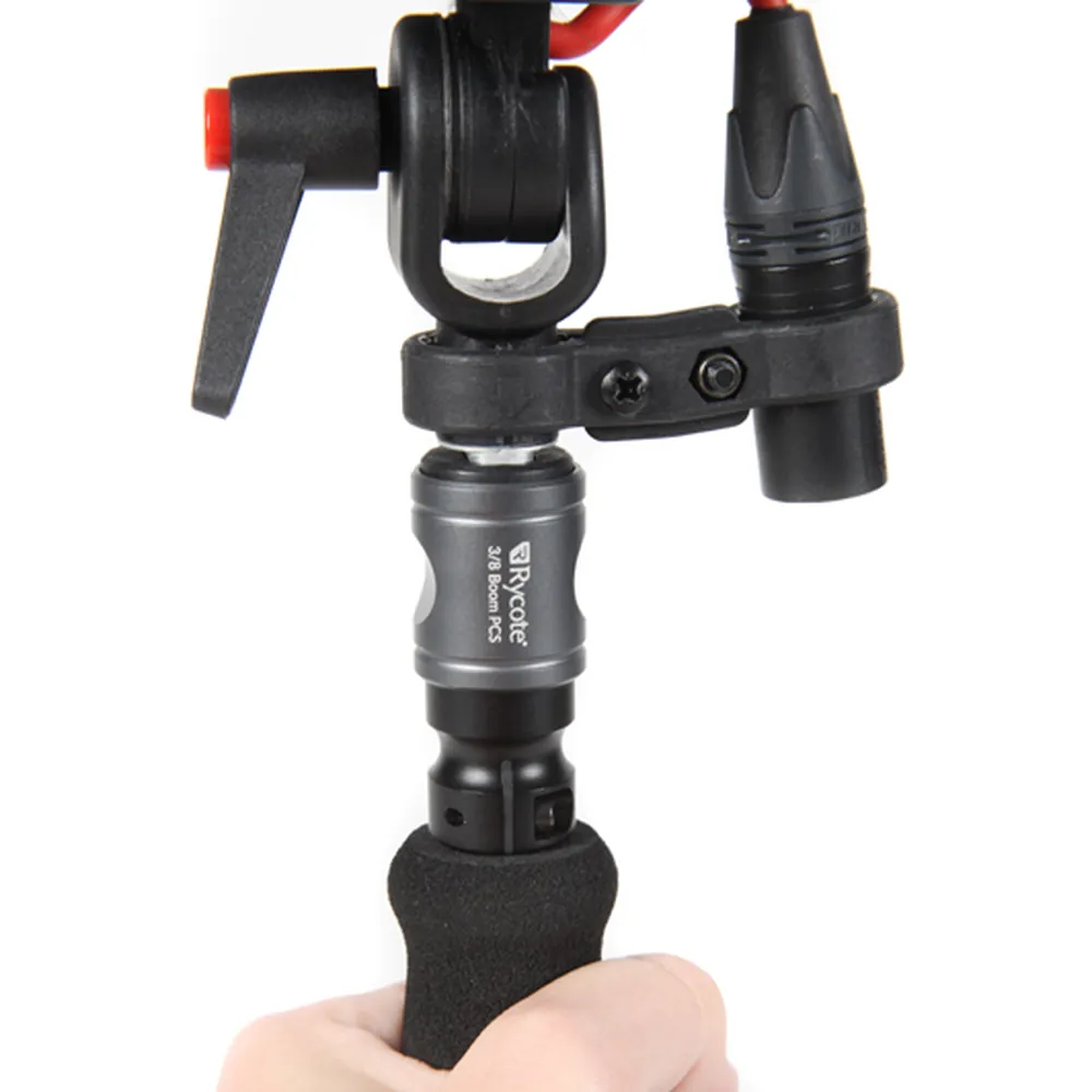Rycote Cyclone Handle PCS, the handle held in hand with the Cyclone adapter and XLR holder.