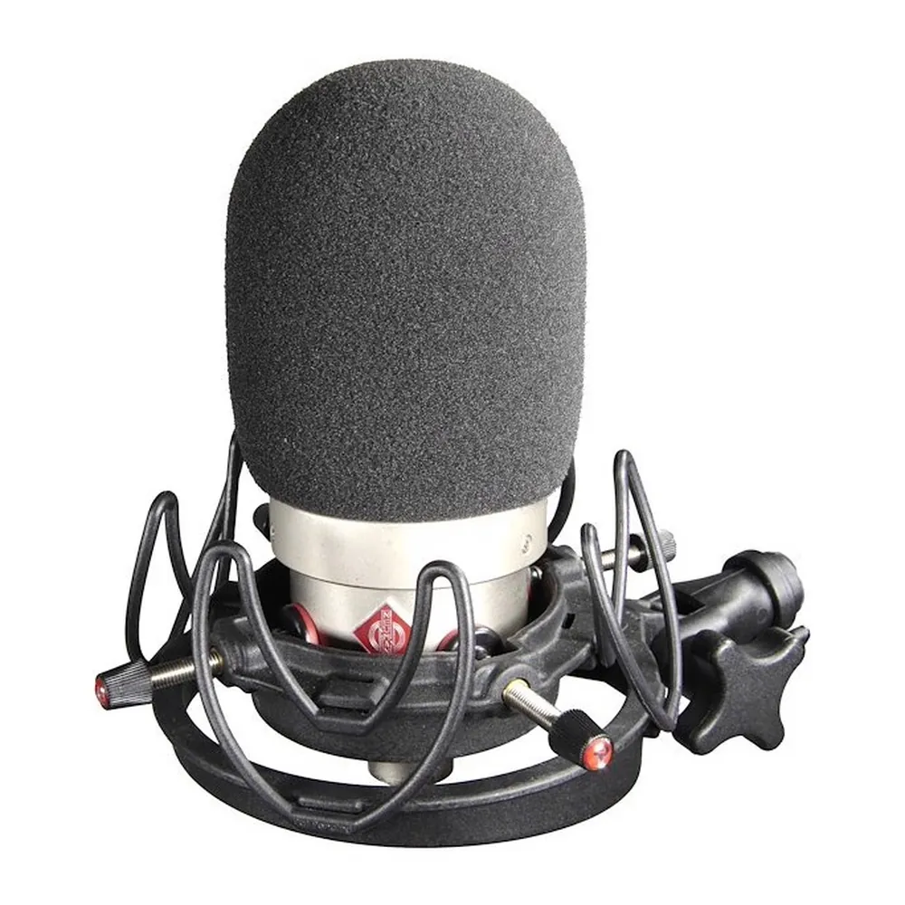 Rycote InVision USM Universal Studio Shock Mount: USM holding a mic fitted with a foam windscreen.