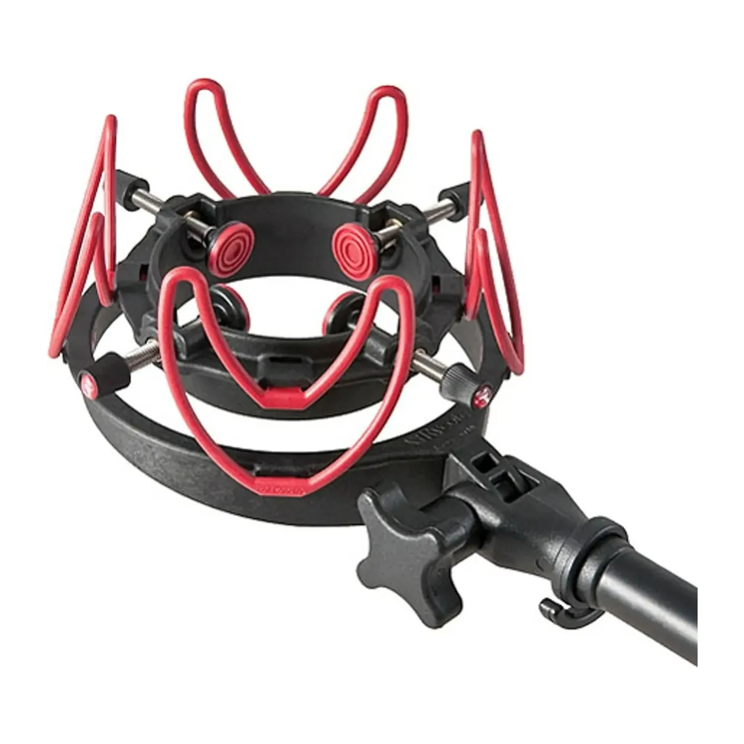 Rycote InVision USM-L Universal Studio Mount Lite: InVision USM-L with its red Lyres on a stand.