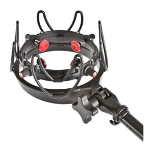 Rycote InVision USM-VB Universal Shock Mount - Extra Large: The USM-VB on a stand arm, its black Lyres around the mounting ring with red fasteners.