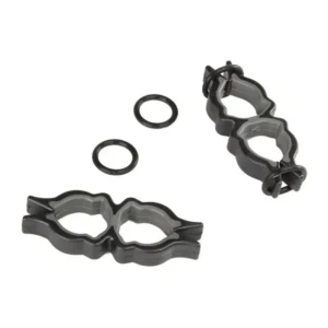 Rycote Back to Back Mic Clips, two black back-to-back mic clips with rubber bands.