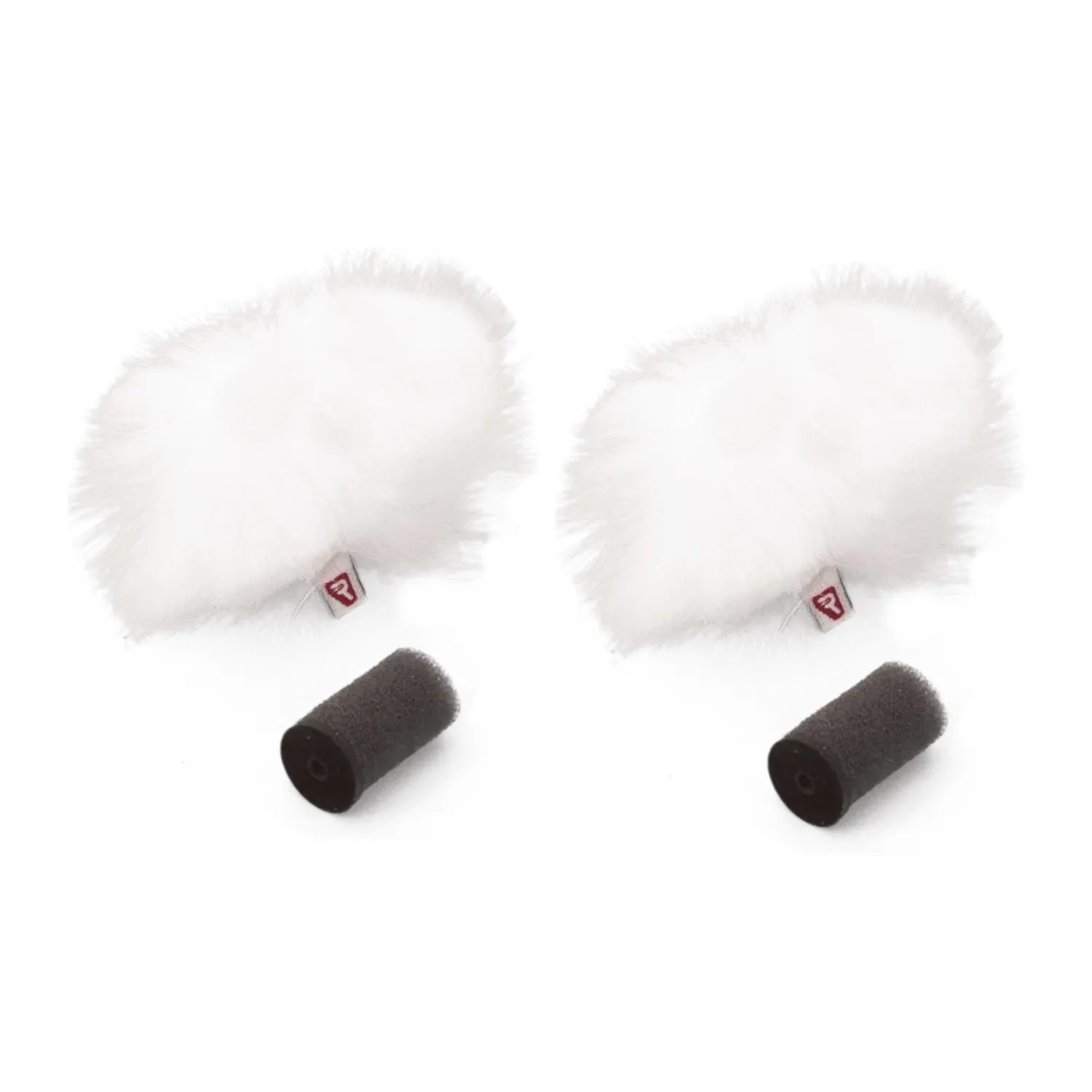 Rycote Lavalier Windjammer Fur Windscreen: A pair of white Lavalier Windjammers with their foam connectors.