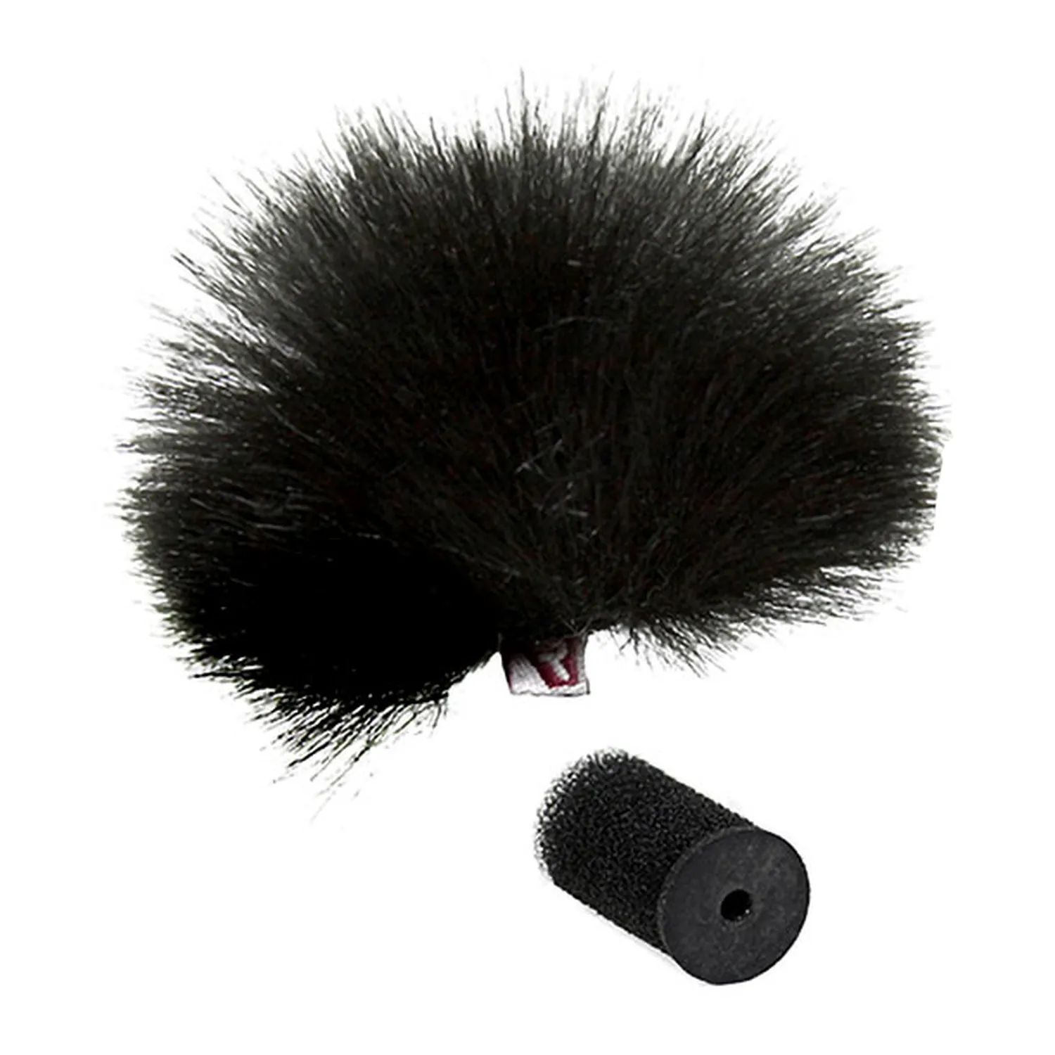 Rycote Lavalier Windjammer Fur Windscreen: A single black Lavalier Windjammer with its foam connector.