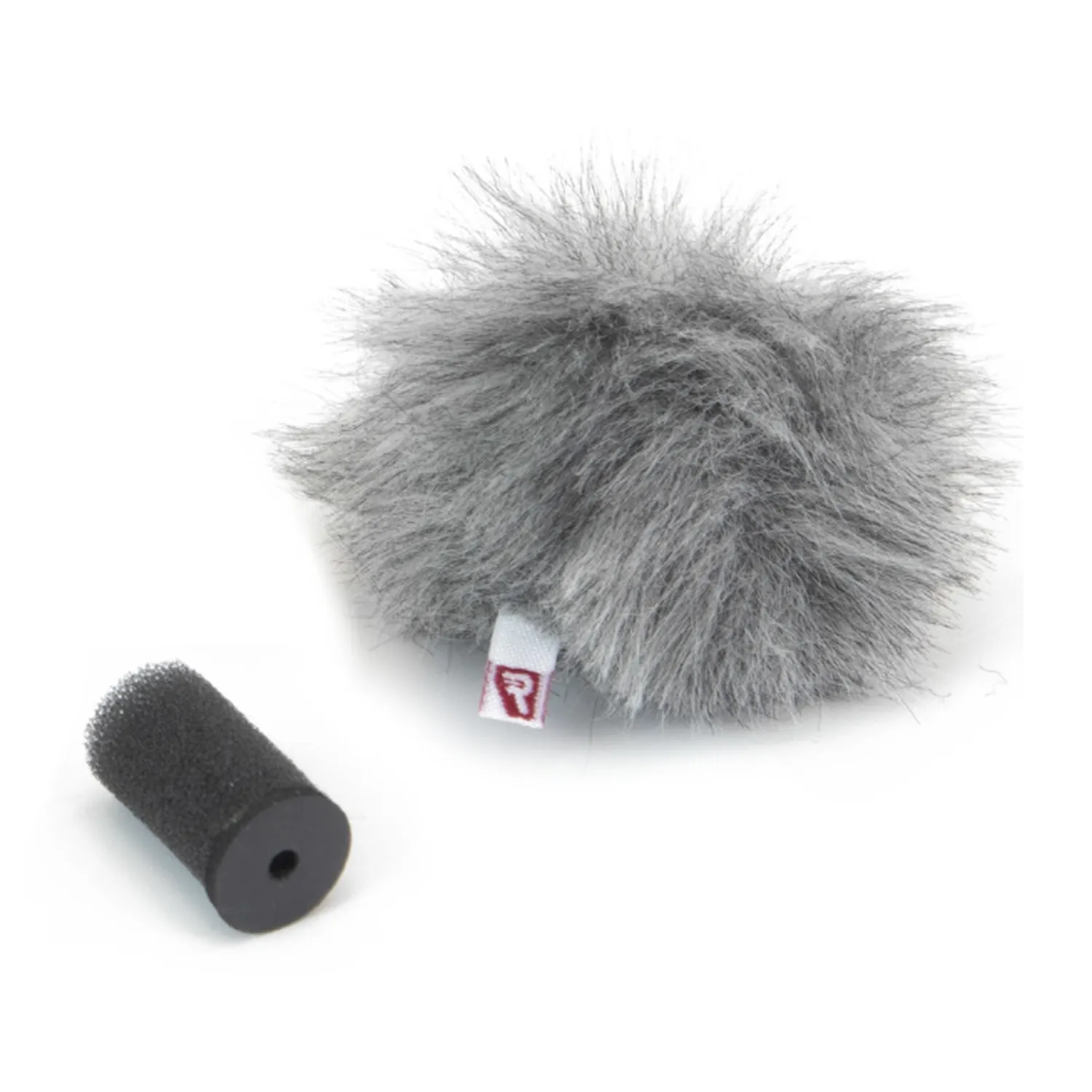 Rycote Lavalier Windjammer Fur Windscreen: A single gray Lavalier Windjammer with its foam connector.