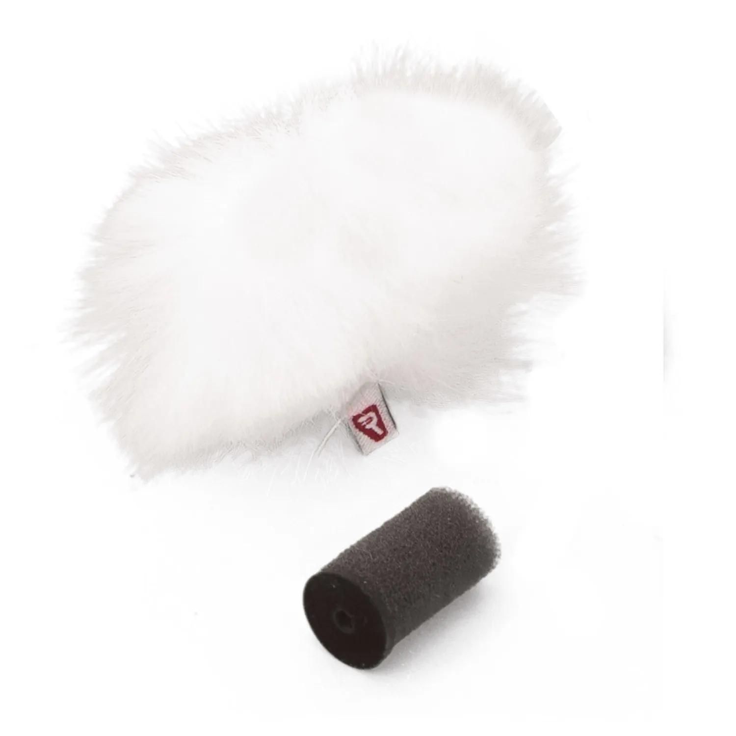 Rycote Lavalier Windjammer Fur Windscreen: A single white Lavalier Windjammer with its foam connector.