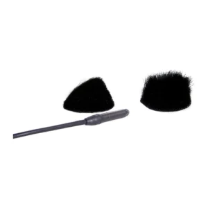 Rycote Overcovers Fur Windscreens for Lavalier Mics - Black: Two black fur discs beside a lavalier mic.
